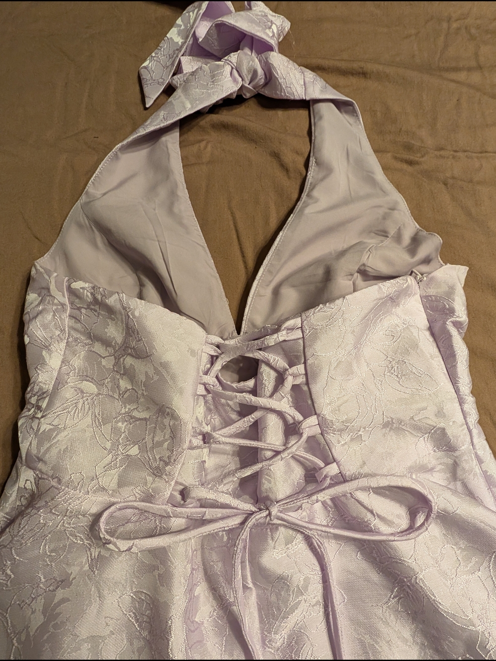 Halter Corset Back Jacquard Party Dress in Light Lilac